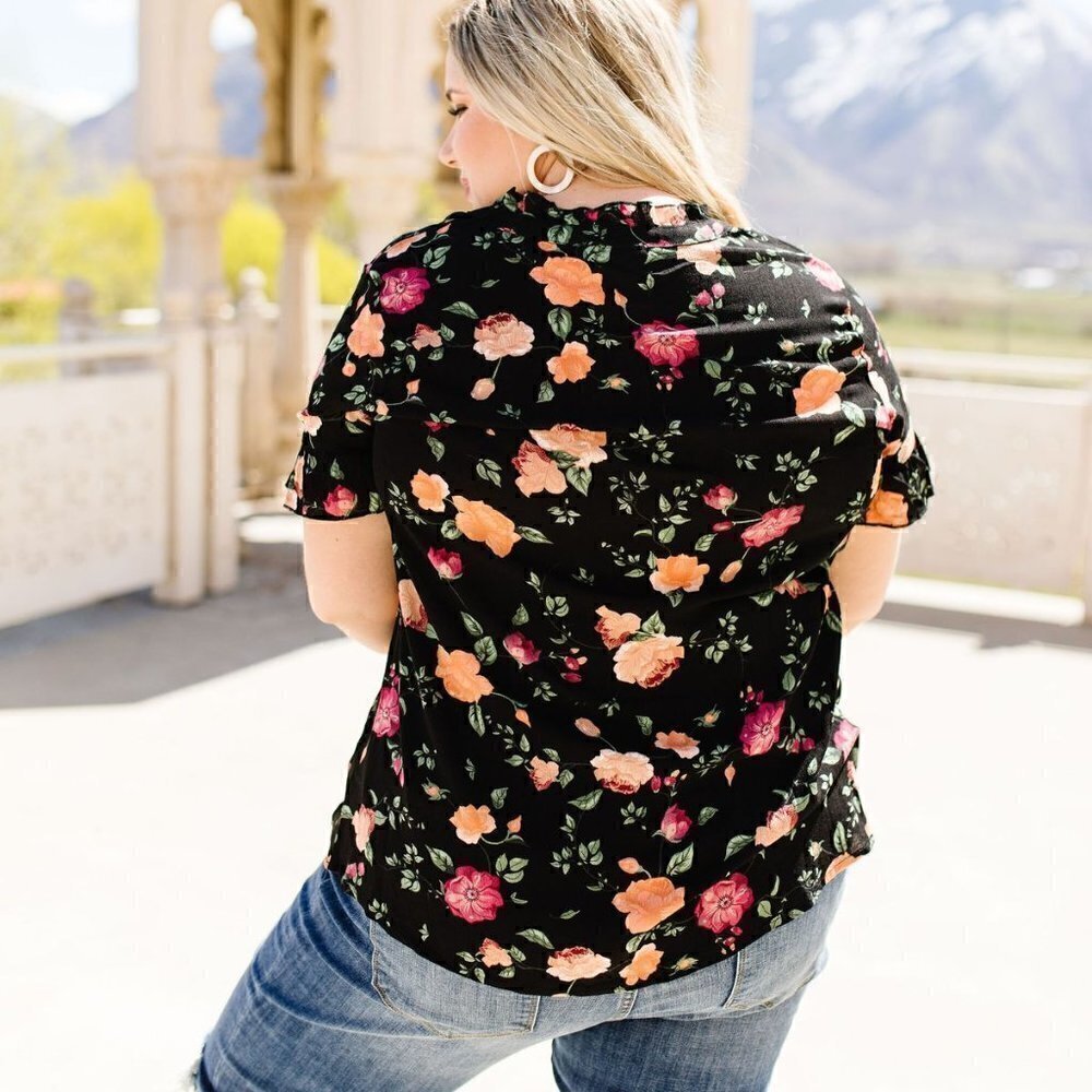 ninexis Black Blouse w/ Orange & Pink Flowers - Picture 4 of 5
